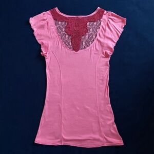 Free People Mock Neck Lace Top Pink Lace Tie Back Blouse Flowy Y2K Womens L